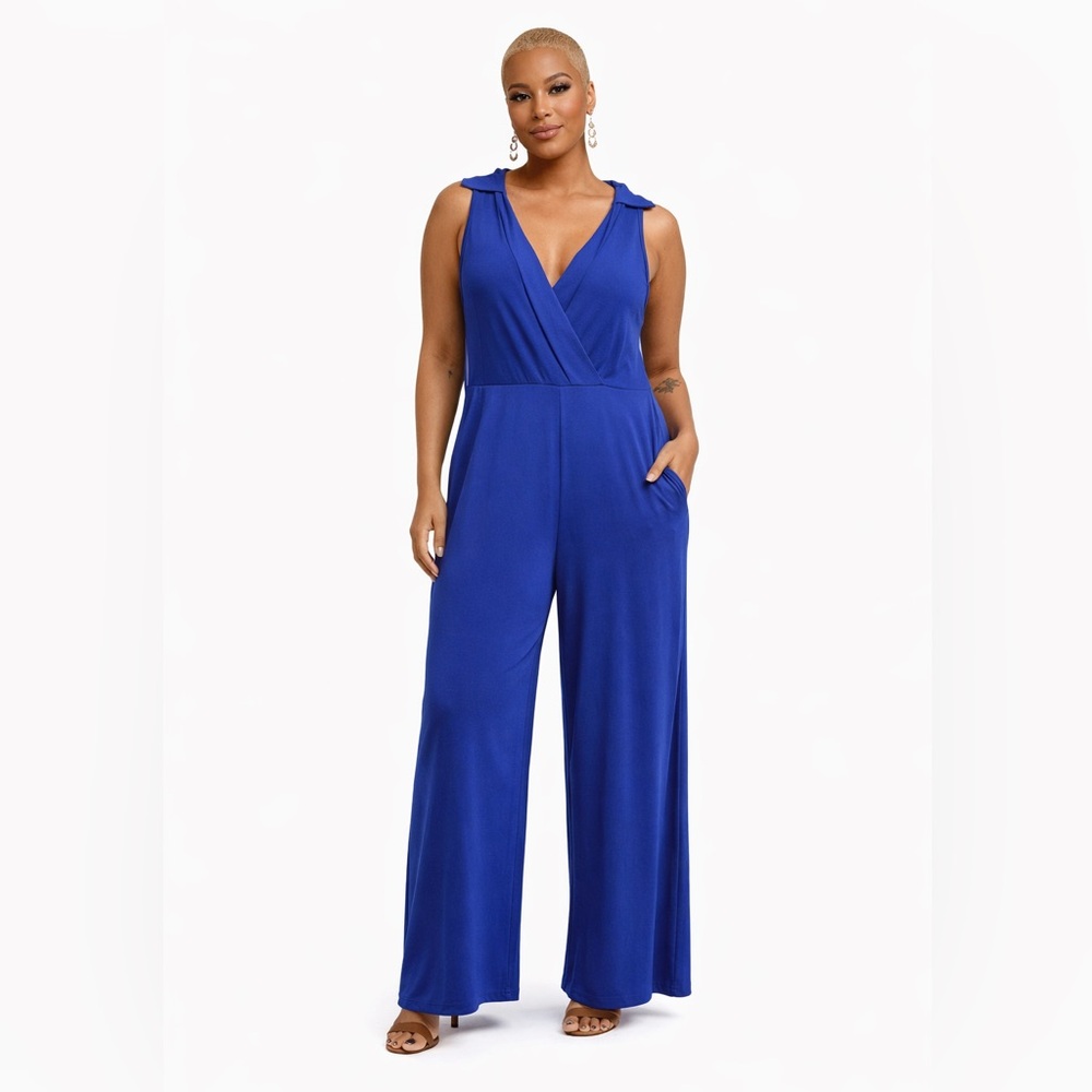 Nina Leonard Royal Blue Sleeveless Wide-Leg Jumpsuit XL